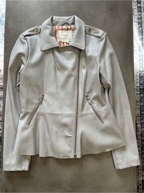 Anthropologie Faux Leather Moto Jacket Peplum Light Grey Women’s Size M